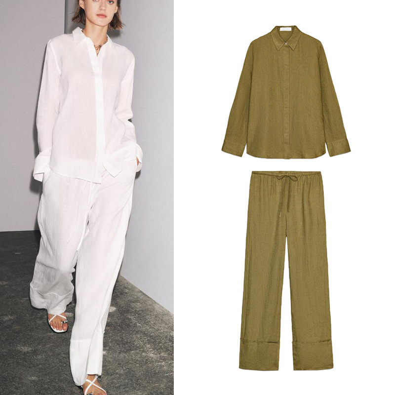 Linen Pant Wide - طقم قطعتين عصري من قميص بأكمام