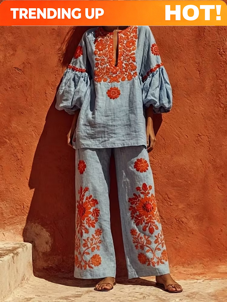 Linen Pant Wide - طقم نسائي بوهيمي من قطعتين مصنوع