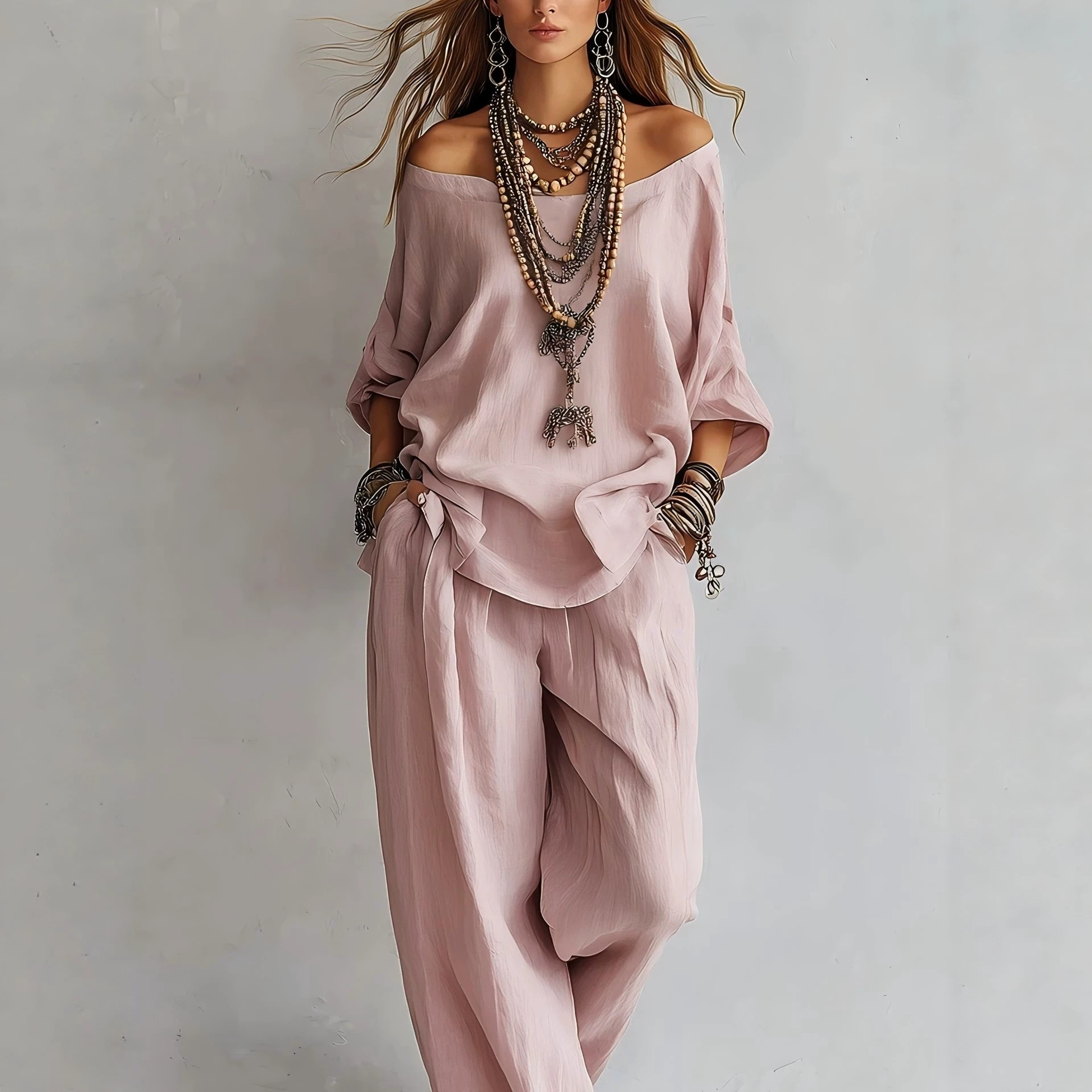 Linen Pant Wide - طقم صيفي جديد من الكتان الفضفاض