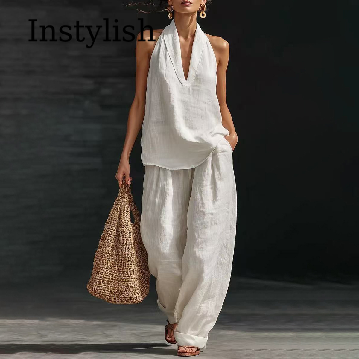 Linen Pant Wide - طقم نسائي صيفي كاجوال من قطعتين