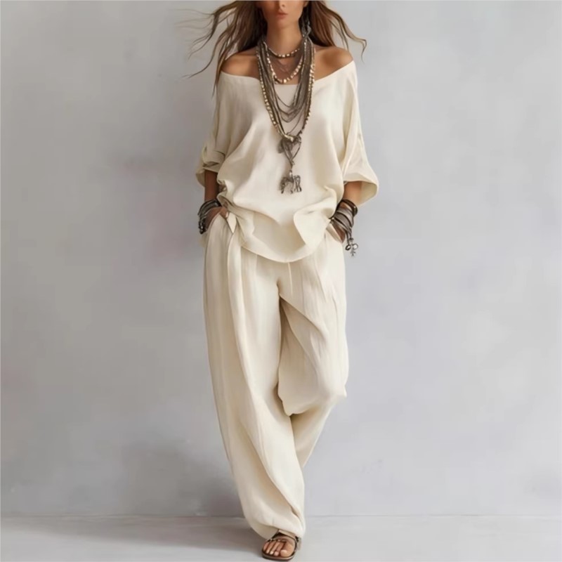 طقم نسائي صيفي جديد 2026 من قط - مراجعة Linen Pant Wide وسعره