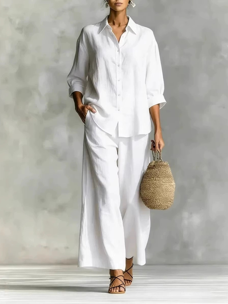 طقم نسائي جديد مكون من قميص بأ - مراجعة Linen Pant Wide وسعره
