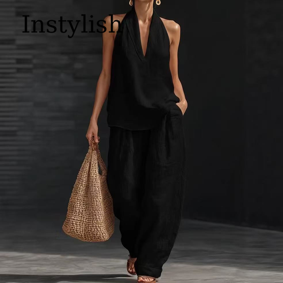 طقم نسائي صيفي كاجوال من قطعتي - مراجعة Linen Pant Wide وسعره