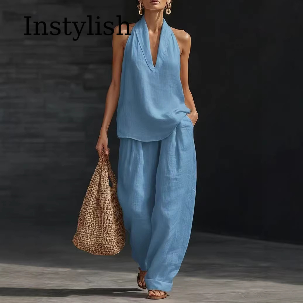 طقم نسائي صيفي كاجوال من قطعتي - مراجعة Linen Pant Wide وسعره