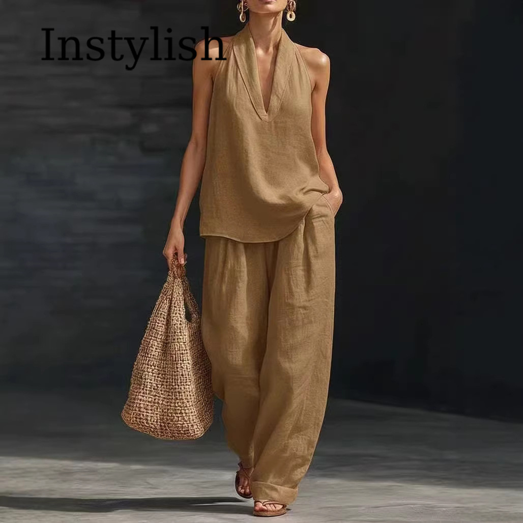 طقم نسائي صيفي كاجوال من قطعتي - مراجعة Linen Pant Wide وسعره